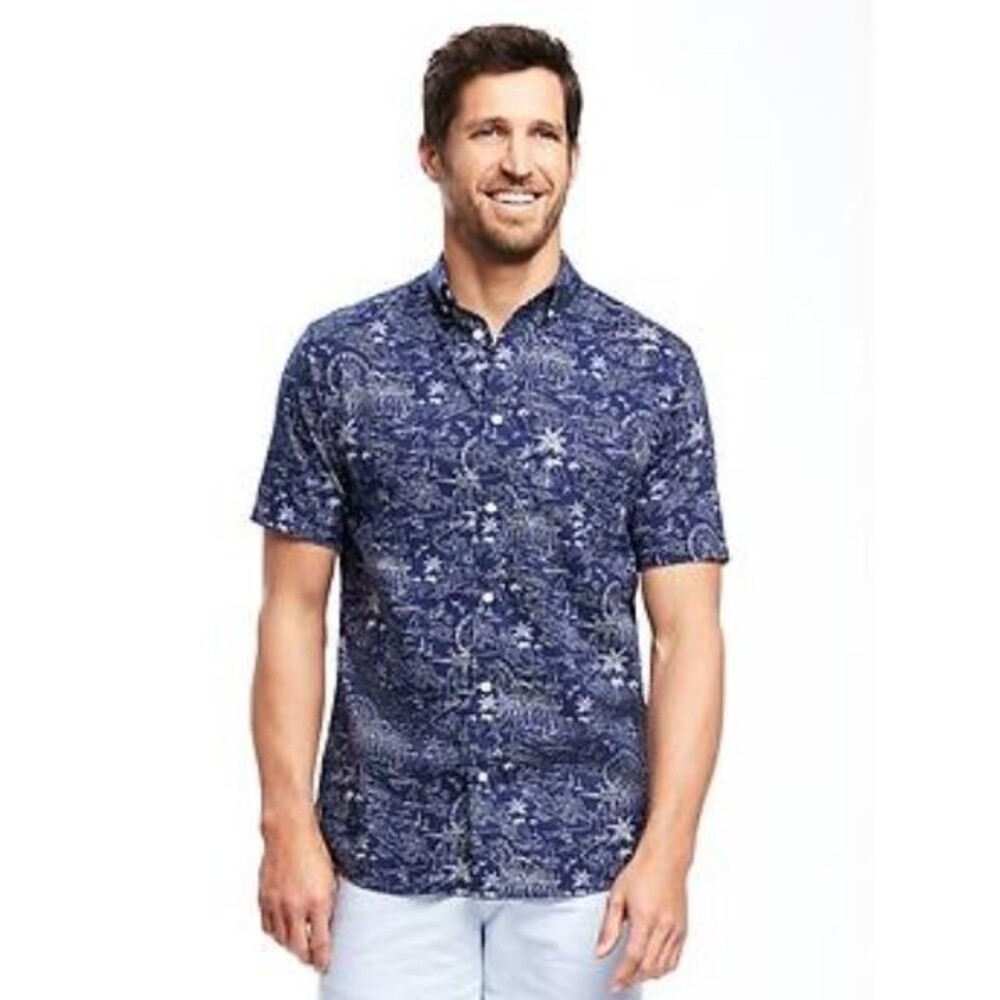 Rainforest Men's M Blue White  Floral Button Up Shirt Collared